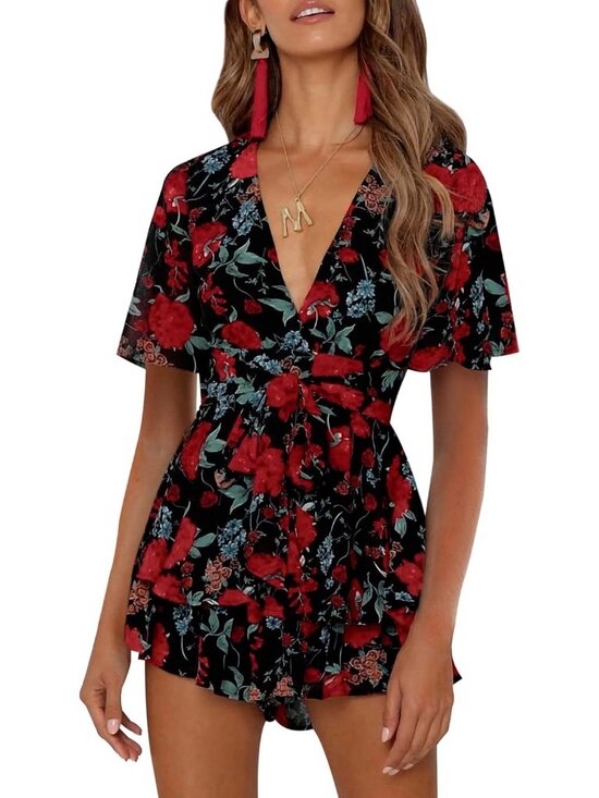 Pants - Women's Red Black Floral Floral Print Deep V Neck Double Layer Ruffle Hem Romper